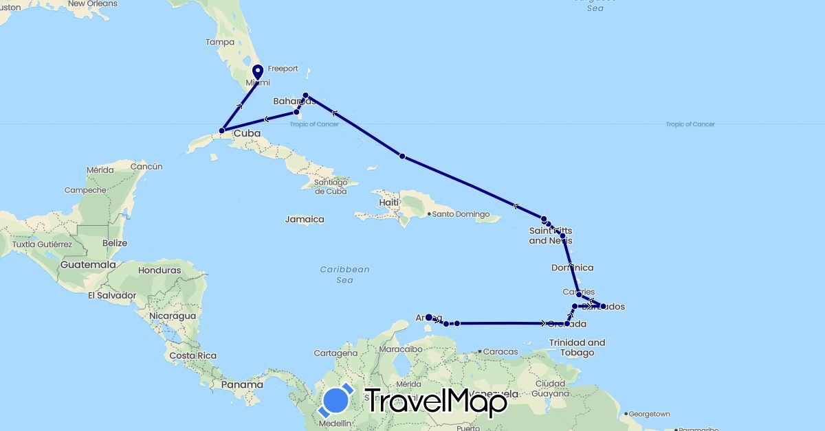 TravelMap itinerary: driving in Antigua and Barbuda, Anguilla, Barbados, Bahamas, Cuba, France, Grenada, Saint Lucia, Netherlands, United States, Saint Vincent and the Grenadines (Europe, North America)
